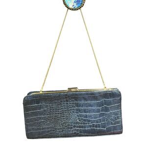Blue Croc-Embossed Leather Clutch with Gold Chain Strap & Twist Closure